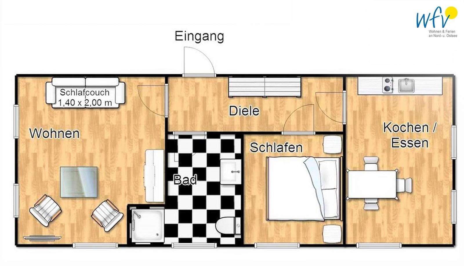 Wohnung mit Schlafzimmer, Bad, Küche und Wohnbereich mit Schlafcouch.