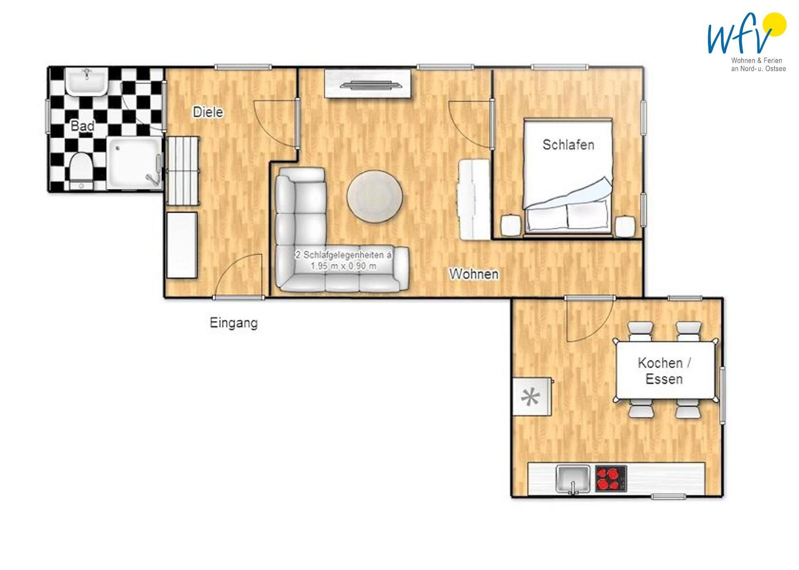 Wohnung mit Schlafzimmer, Wohnbereich, Küche und Bad. Flur und Eingangsbereich.