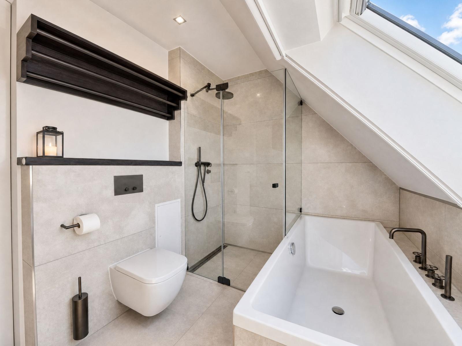 Bathroom with shower, bathtub, and toilet under sloped ceiling.