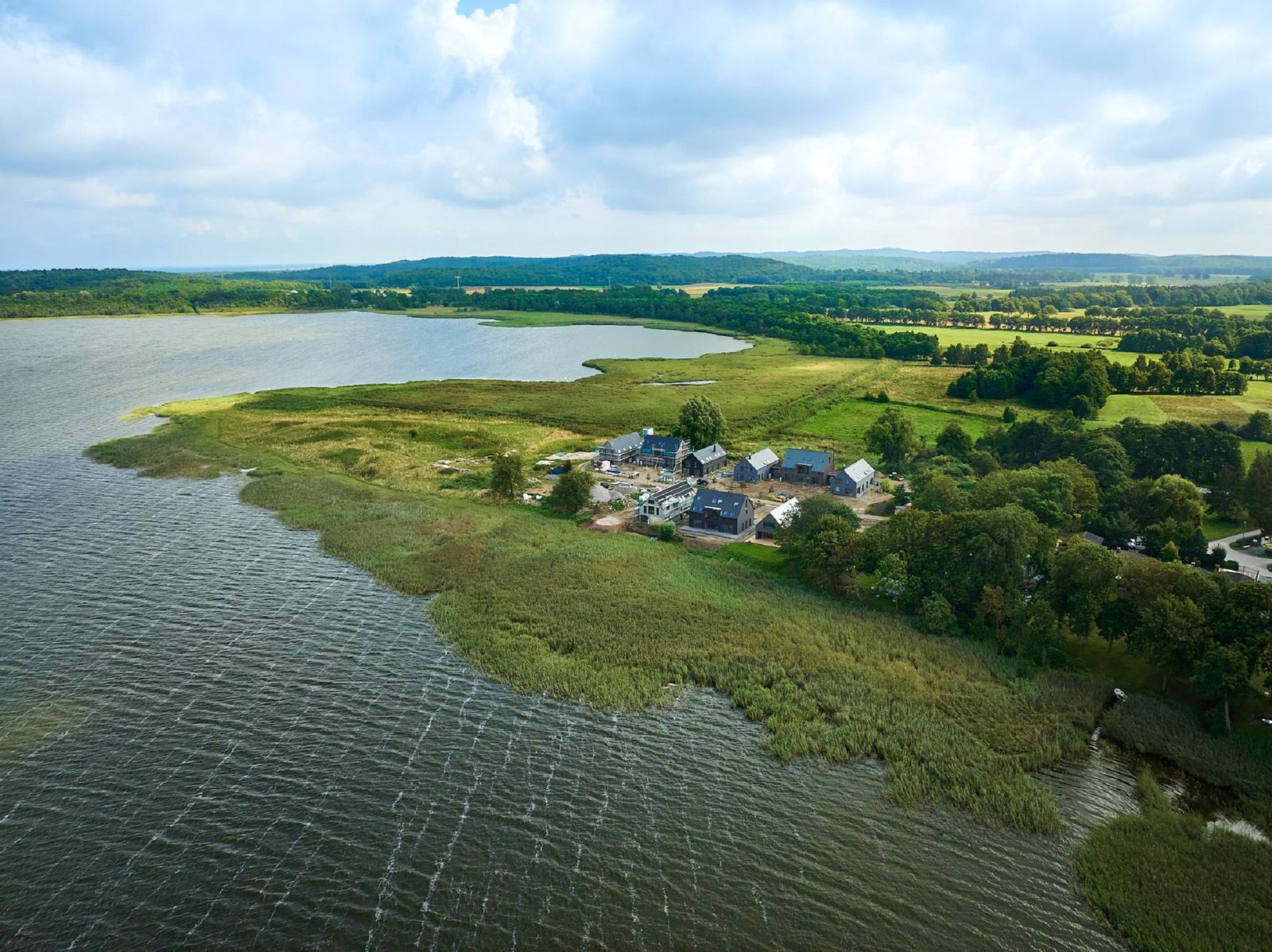 Houses by the shore of a lake in a green landscape.
