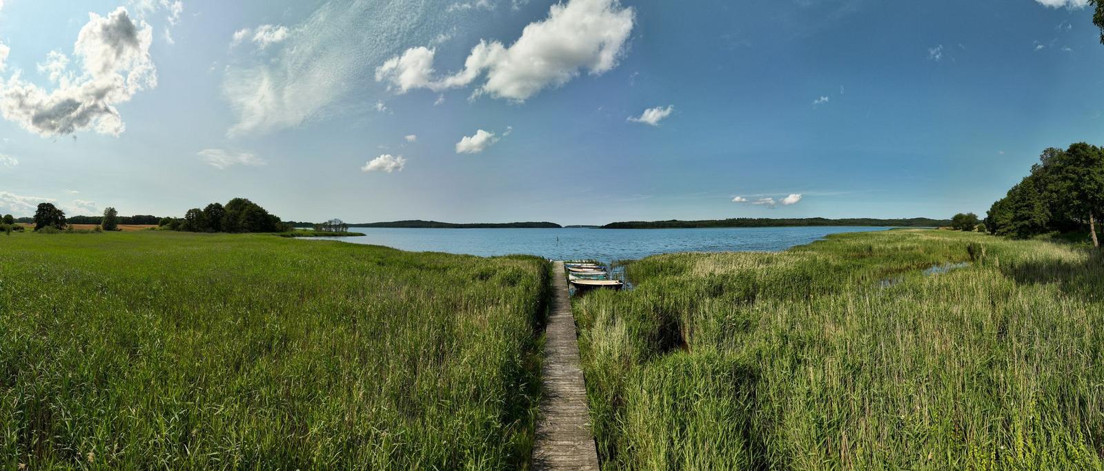 Wooden walkway through grass leads to a lake with boats.