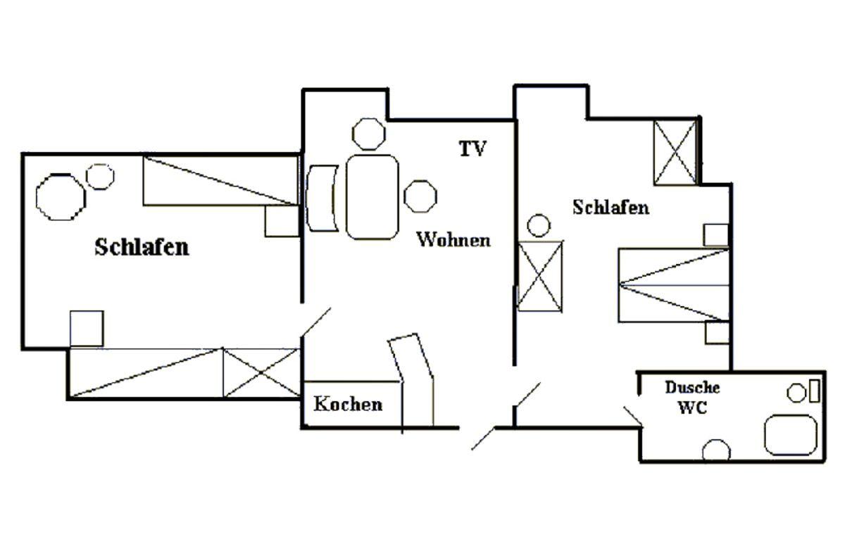 Wohnung mit zwei Schlafzimmern, Wohnbereich, Küche und Bad mit Dusche.