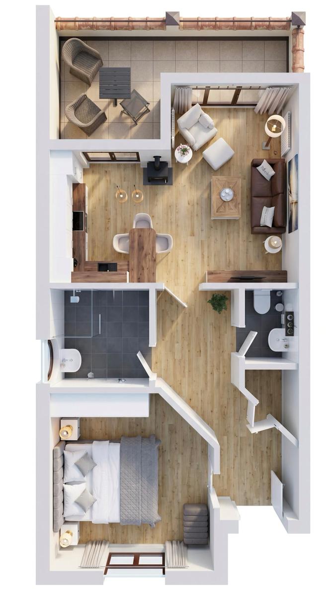 Wohnung mit Schlafzimmer, Küche, Bad und Terrasse. Moderne Einrichtung.