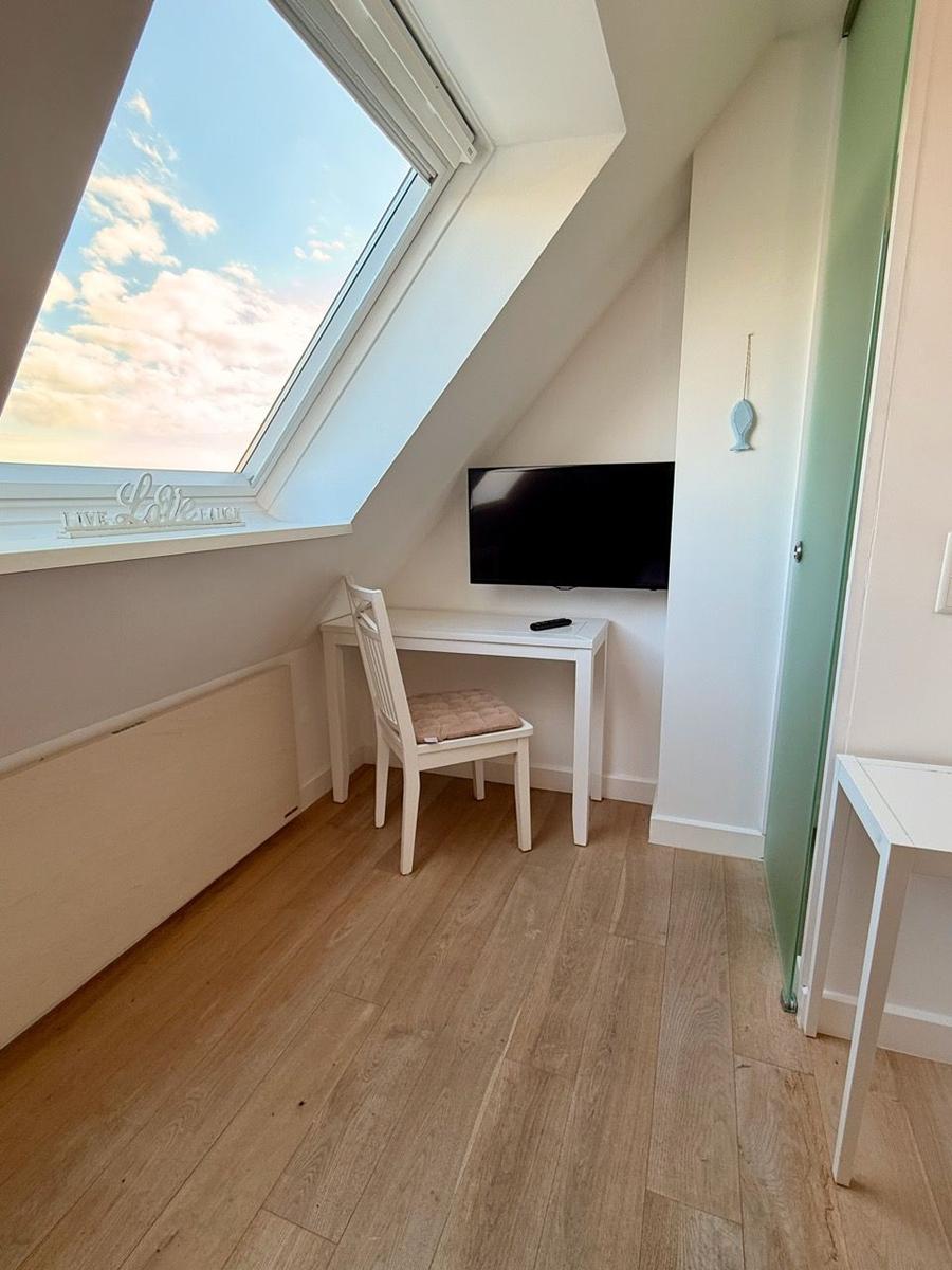 Schlafzimmer mit Dachfenster, Schreibtisch und Fernseher.