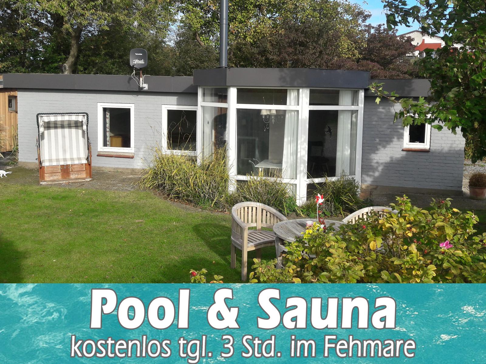 Gartenhaus mit Pool und Sauna. Außentisch und Liegestuhl im Grün.