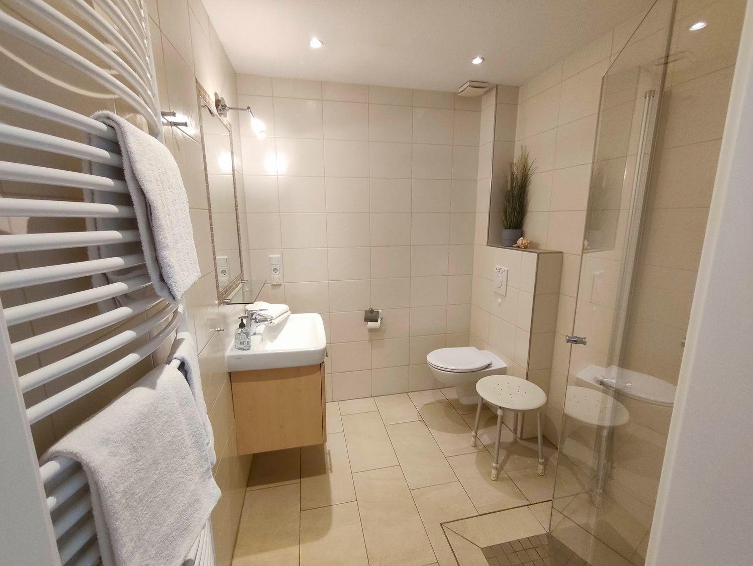 Badezimmer mit Dusche, WC, Waschbecken und Heizung.