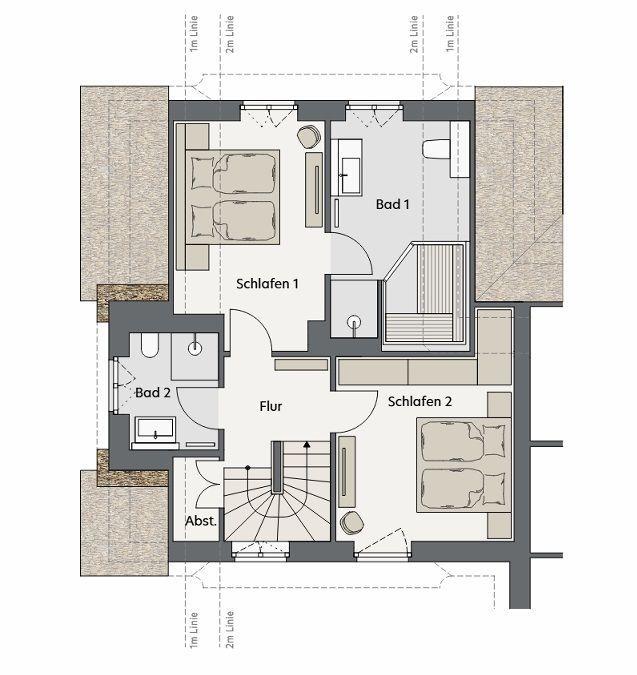 Two-story house with two bedrooms, two bathrooms, and hallway.
