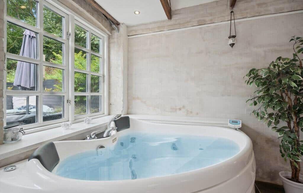 Jacuzzi bath with large window and plant