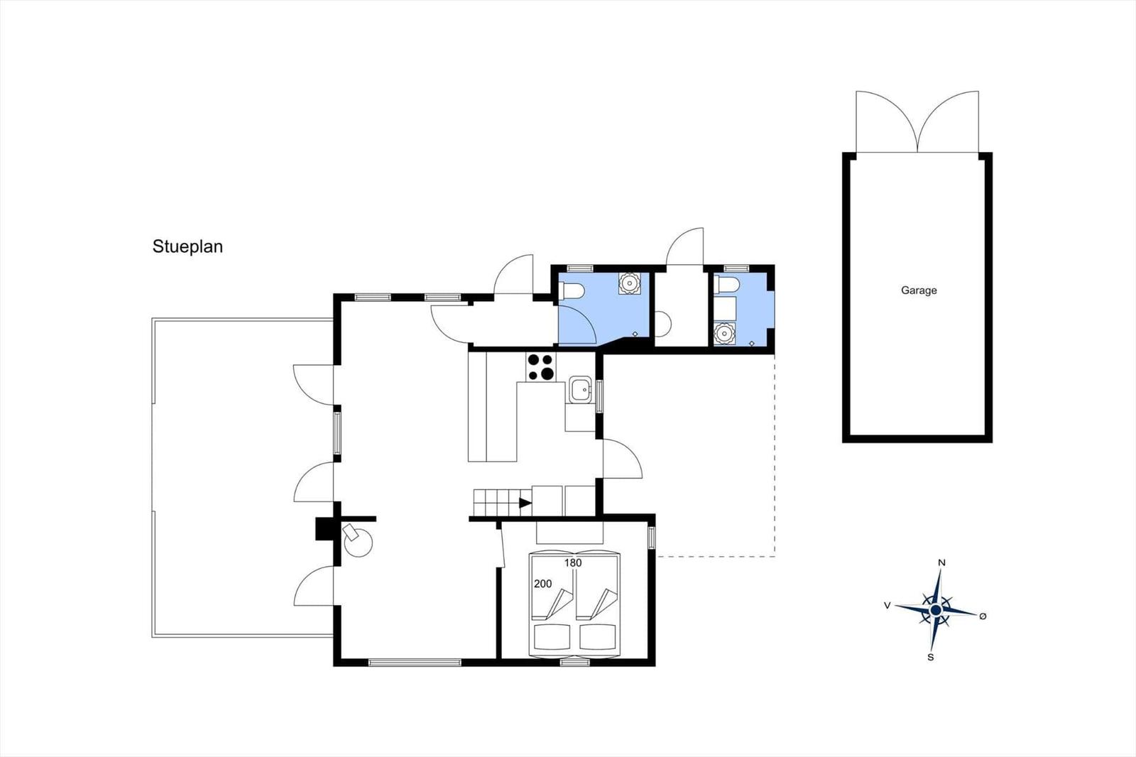 Floor plan shows living area, kitchen, bathroom, and garage.