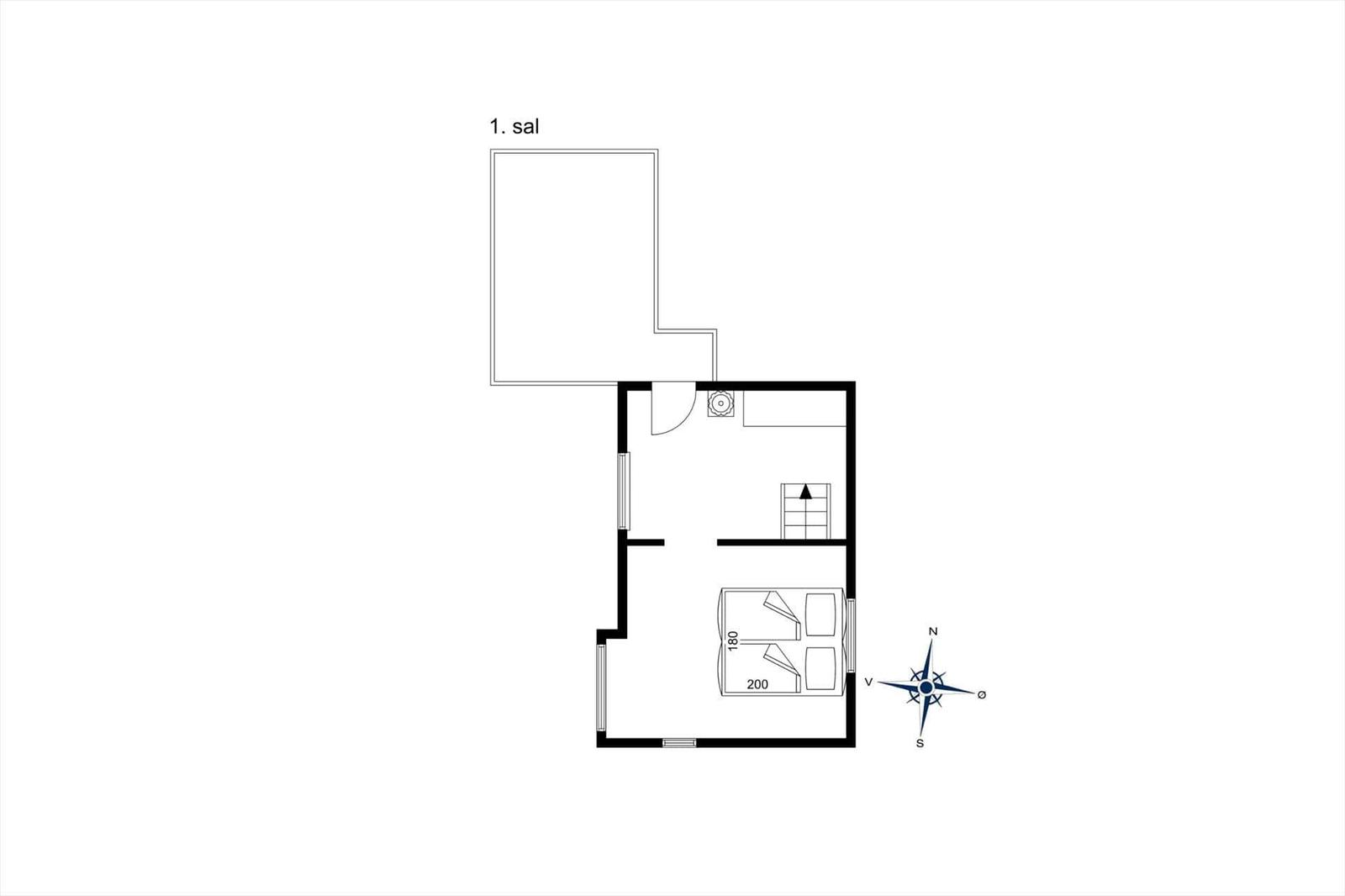Ground floor with living room, kitchen, and bedroom with two beds.