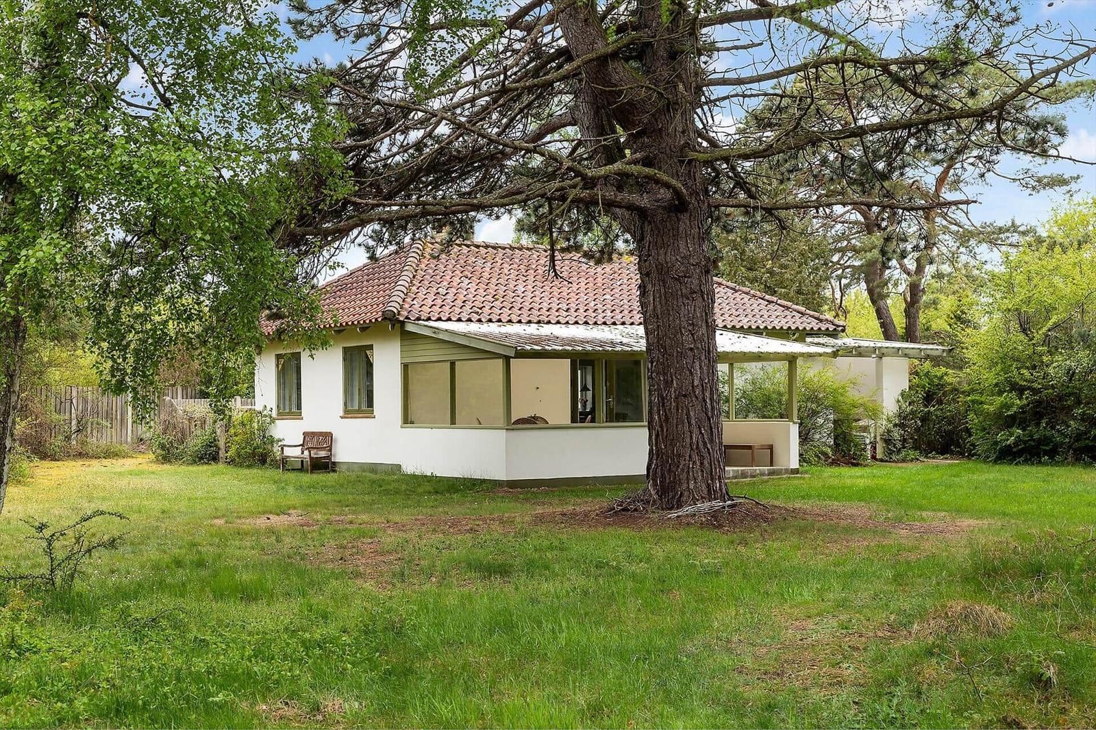A white house with a terracotta roof stands under a large tree on a green lawn.