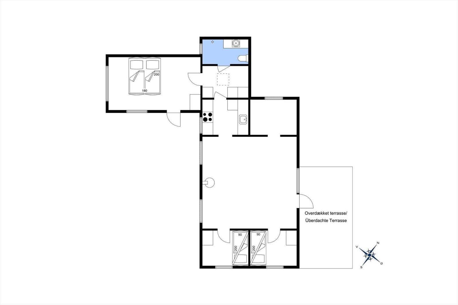 Apartment with bedroom, kitchen, bathroom, and covered terrace.