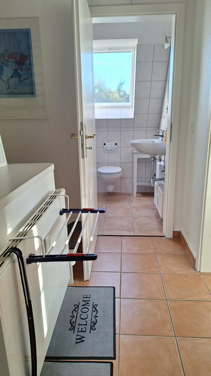 Flur mit Bad, Waschbecken und Toilette. Bodenfliesen und Holzrahmen.