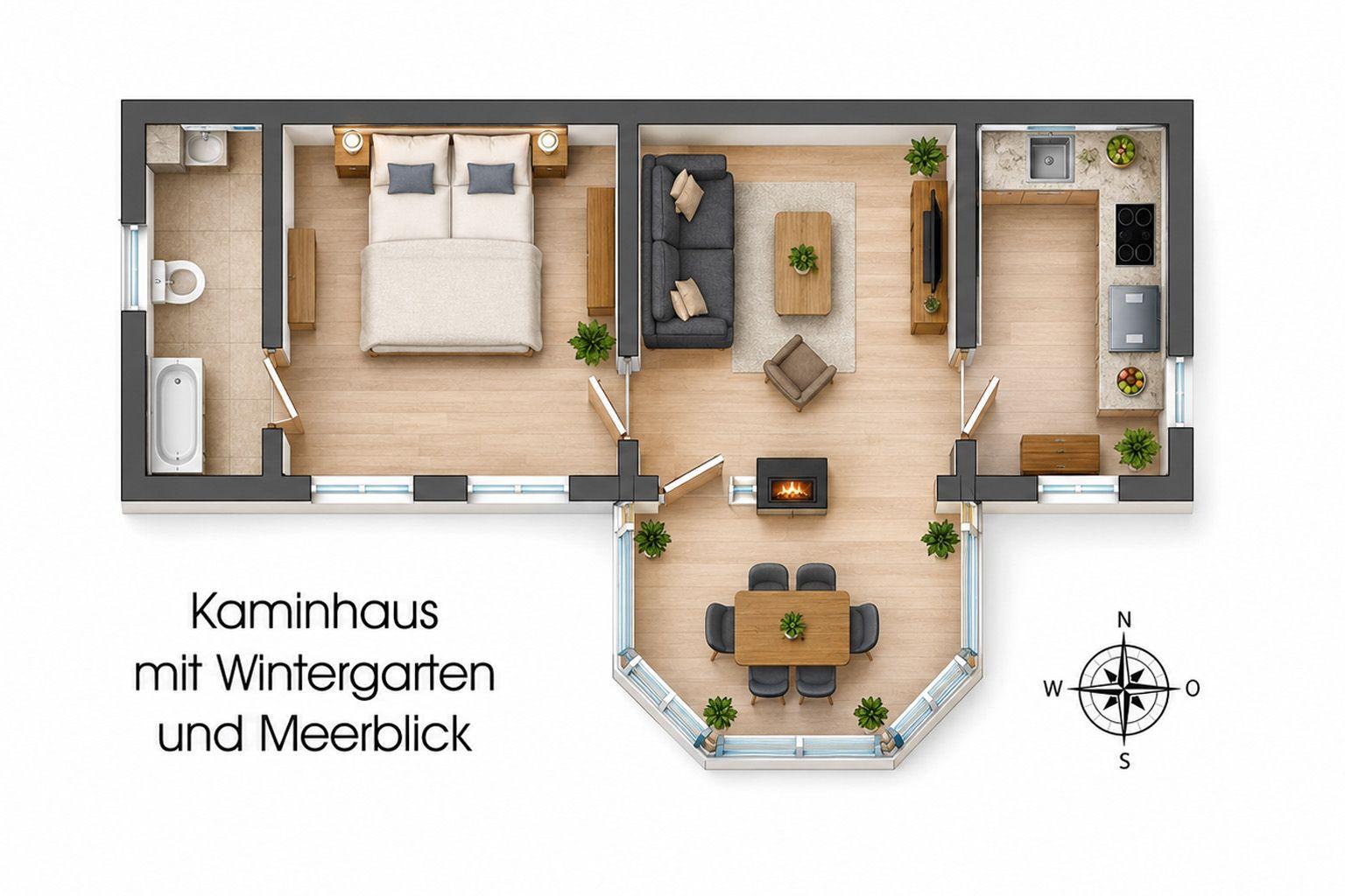 Kaminhaus mit Wintergarten und Meerblick. Wohn- und Schlafbereich mit Küche und Bad.