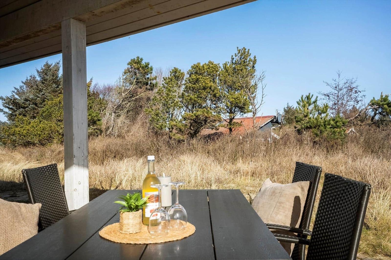 Terrasse mit Tisch und Stühlen. Hintergrund: Grasland, Bäume und Haus.
