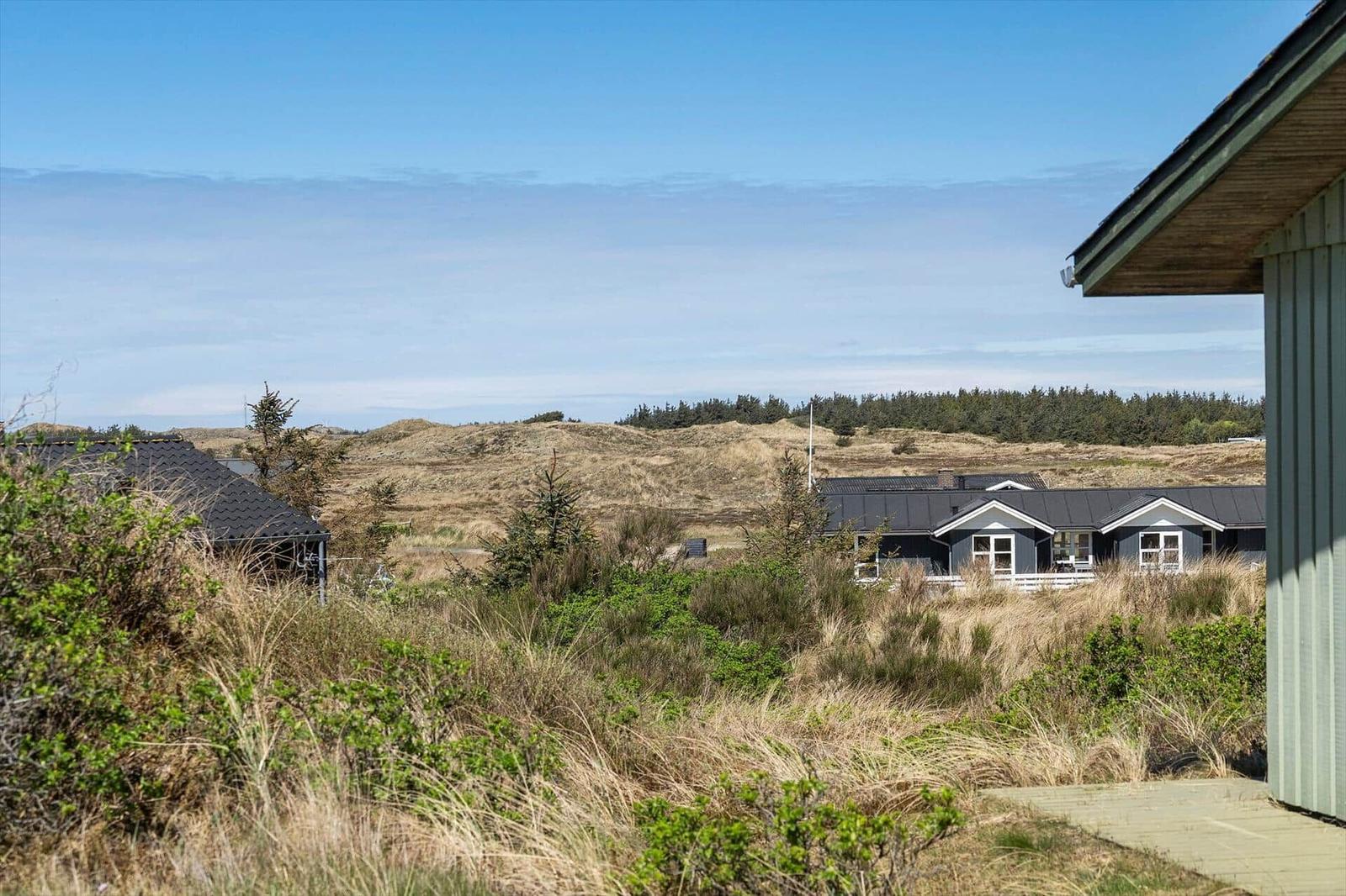 Haus mit Blick auf Dünen und Wald unter blauem Himmel.