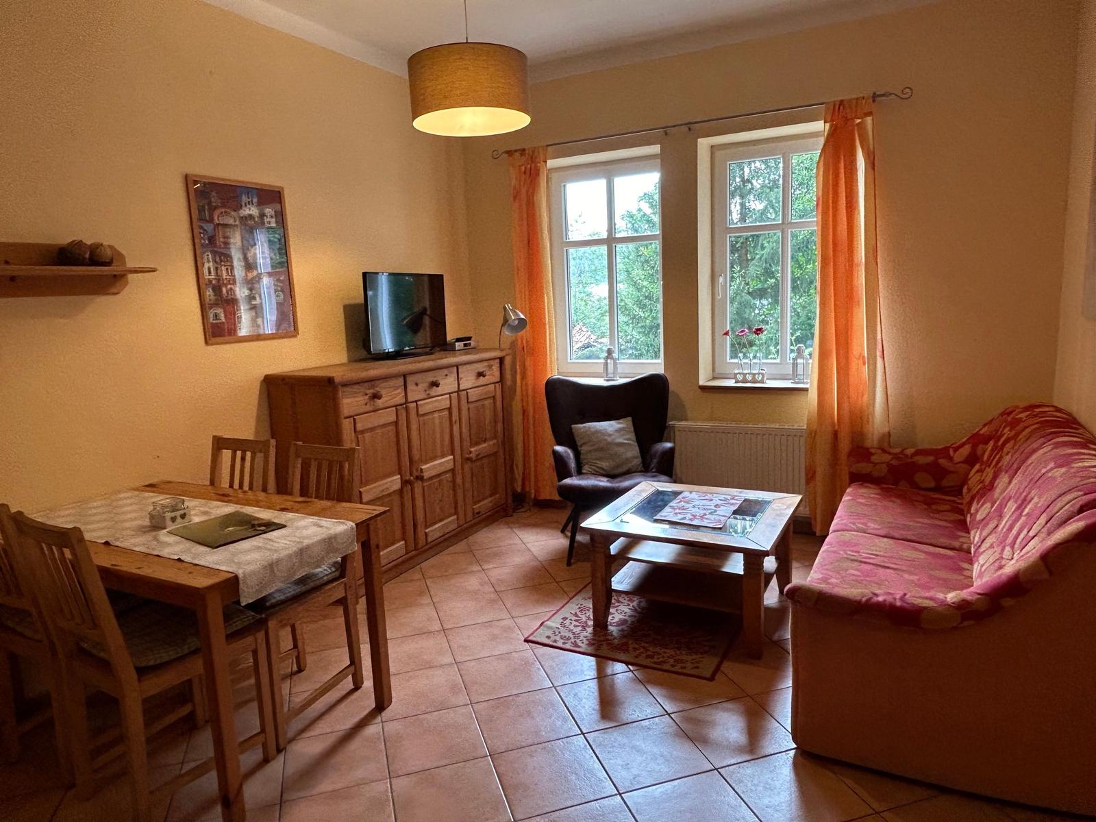 Wohn- und Essbereich mit Sofa, Esstisch, Fernseher und Fenstern.