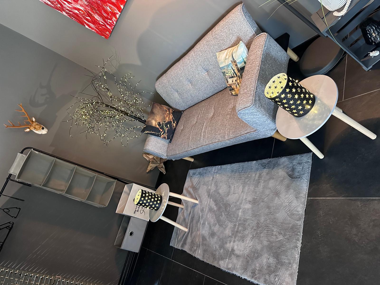 Ein grauer Sofa mit Kissen, zwei runde Tische und ein Teppich auf dunklem Boden.