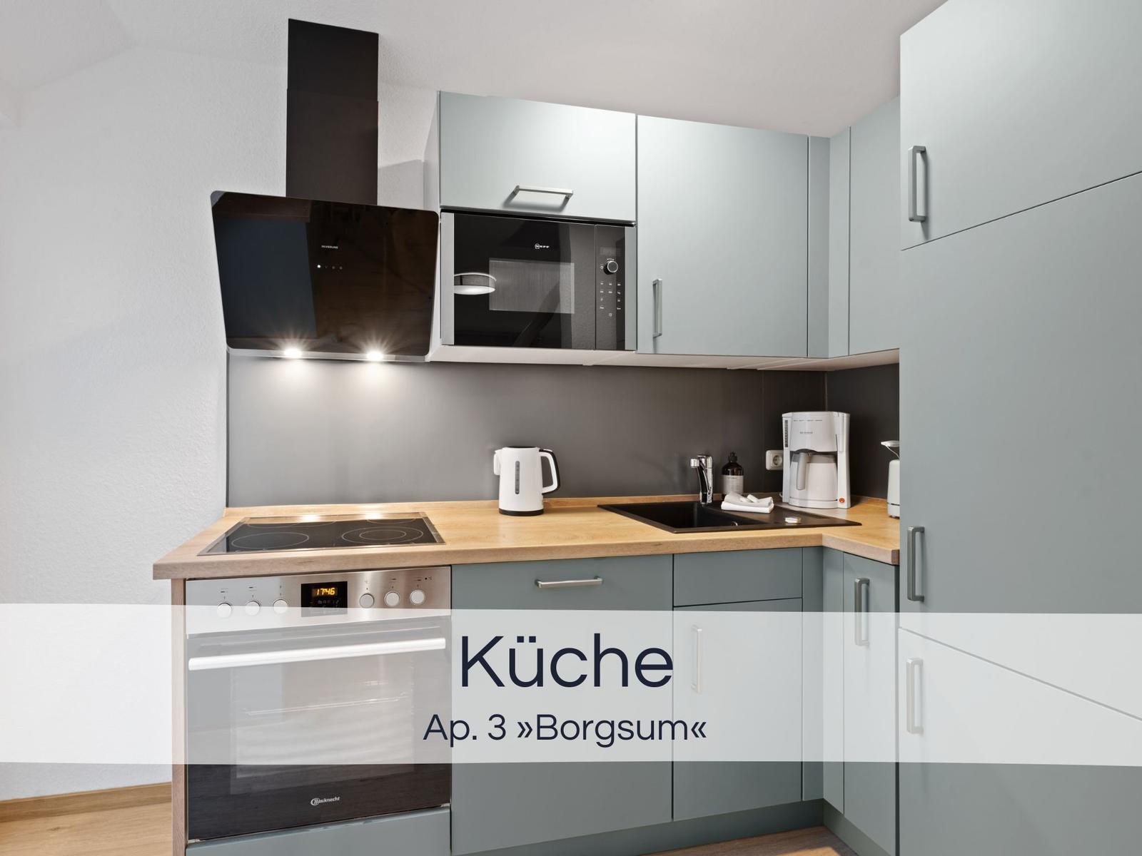 Küche mit Edelstahlherd, Mikrowelle und Kaffeemaschine