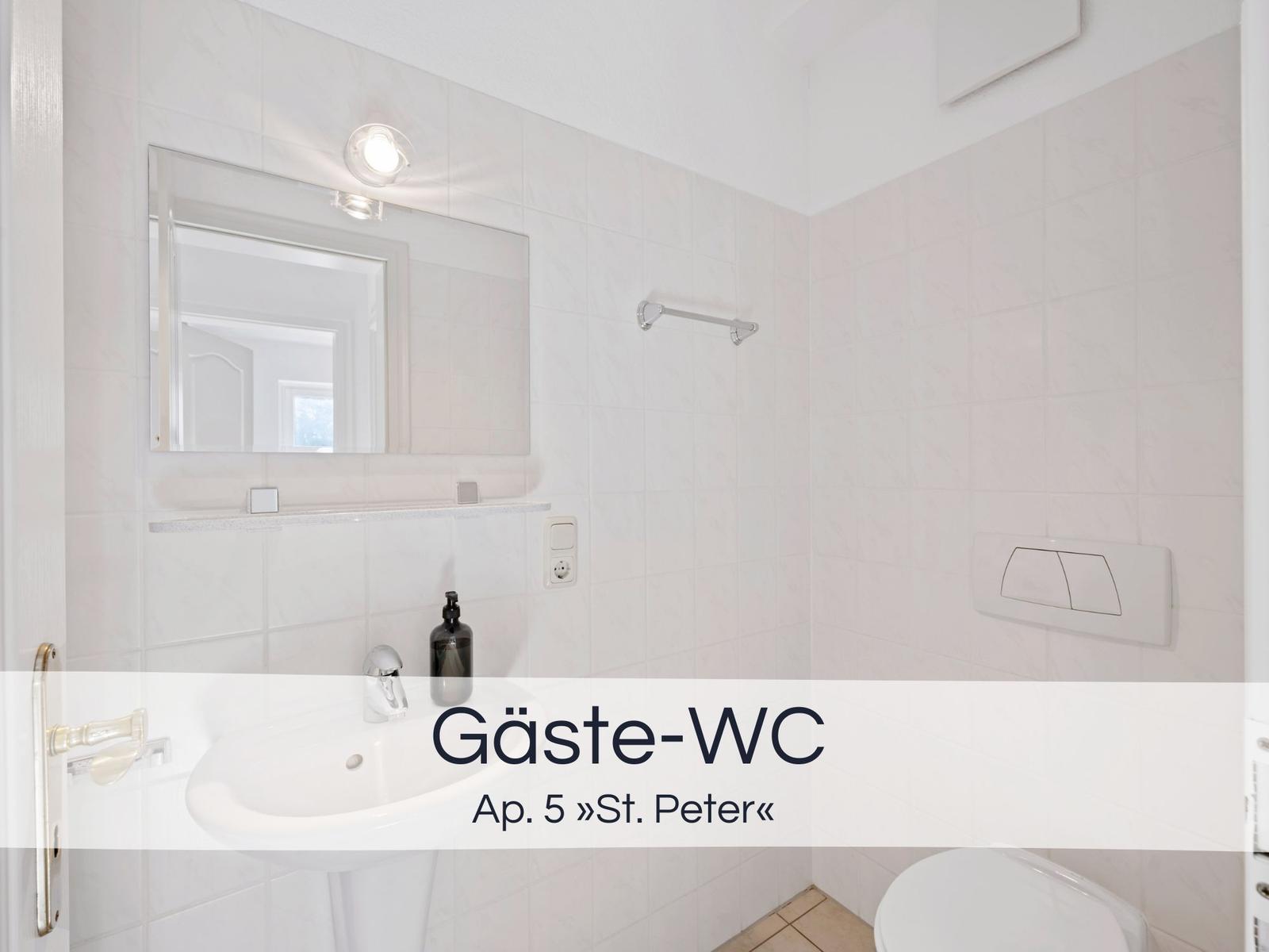 Gäste-WC mit Waschbecken, Spiegel und Toilette. Wandfliesen und moderne Ausstattung.