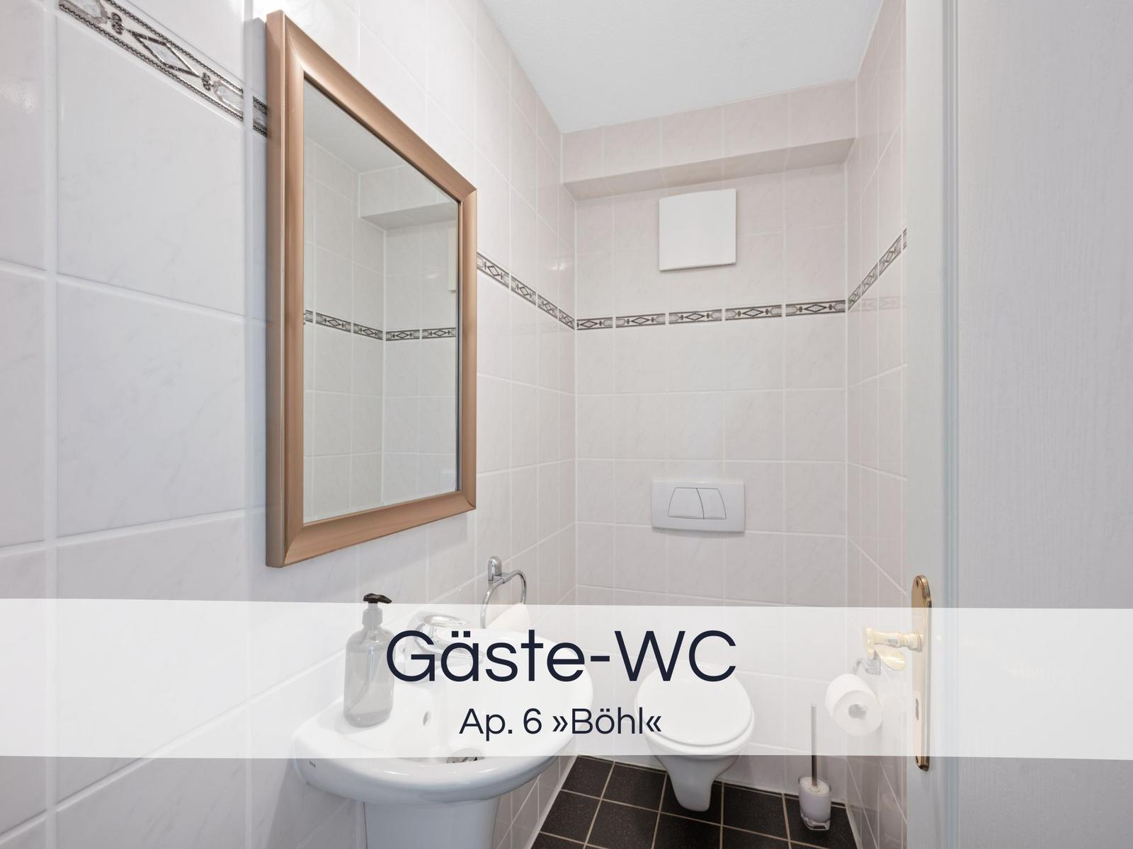 Gäste-WC mit Spiegel, Waschbecken und Toilette. Fliesen an den Wänden.