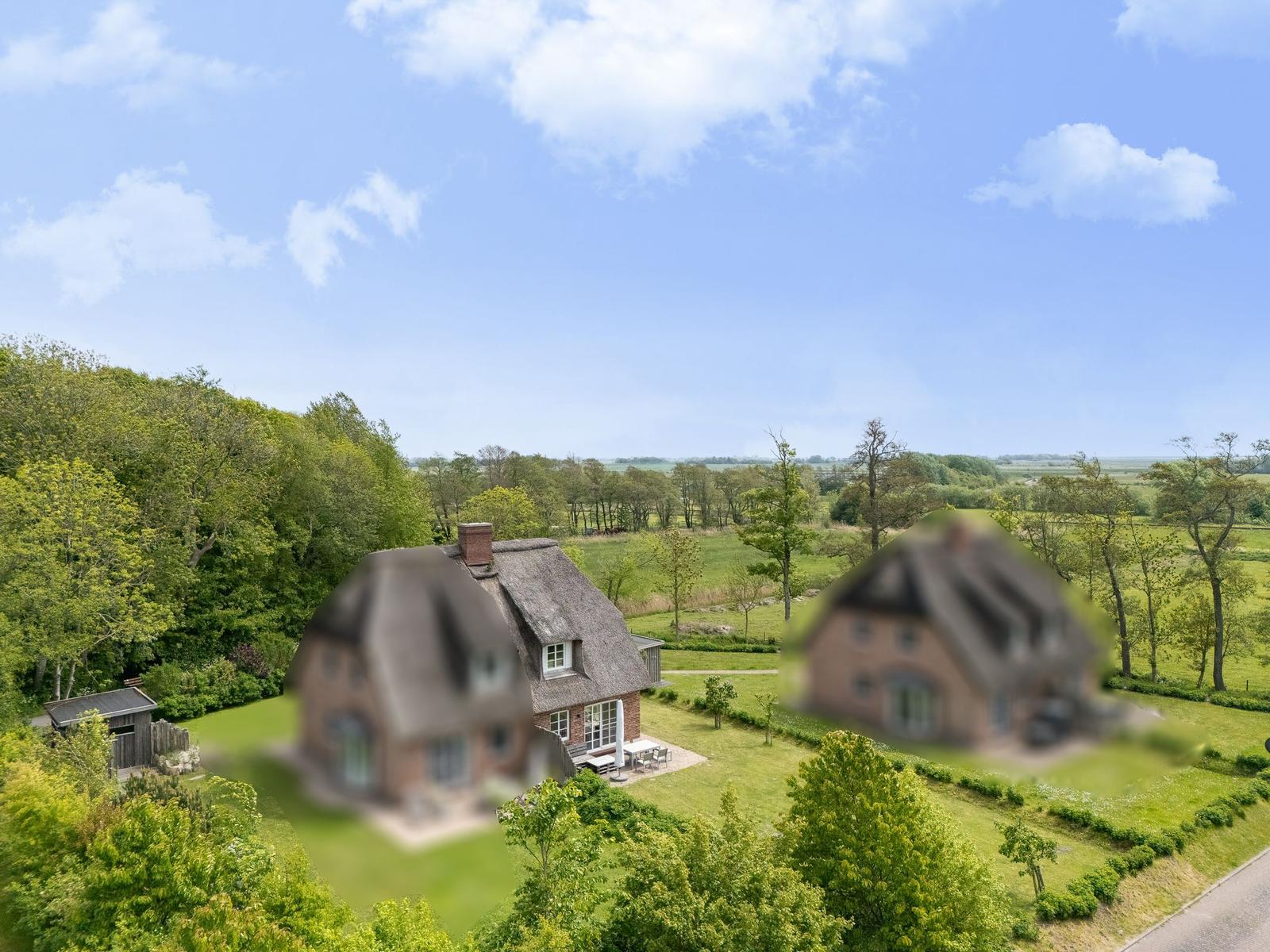 Haus mit Dach und Terrasse im grünen Umfeld