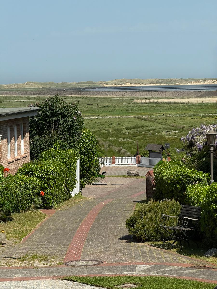 Pflasterweg führt zur Villa mit Blick auf Wiesen und Dünen.