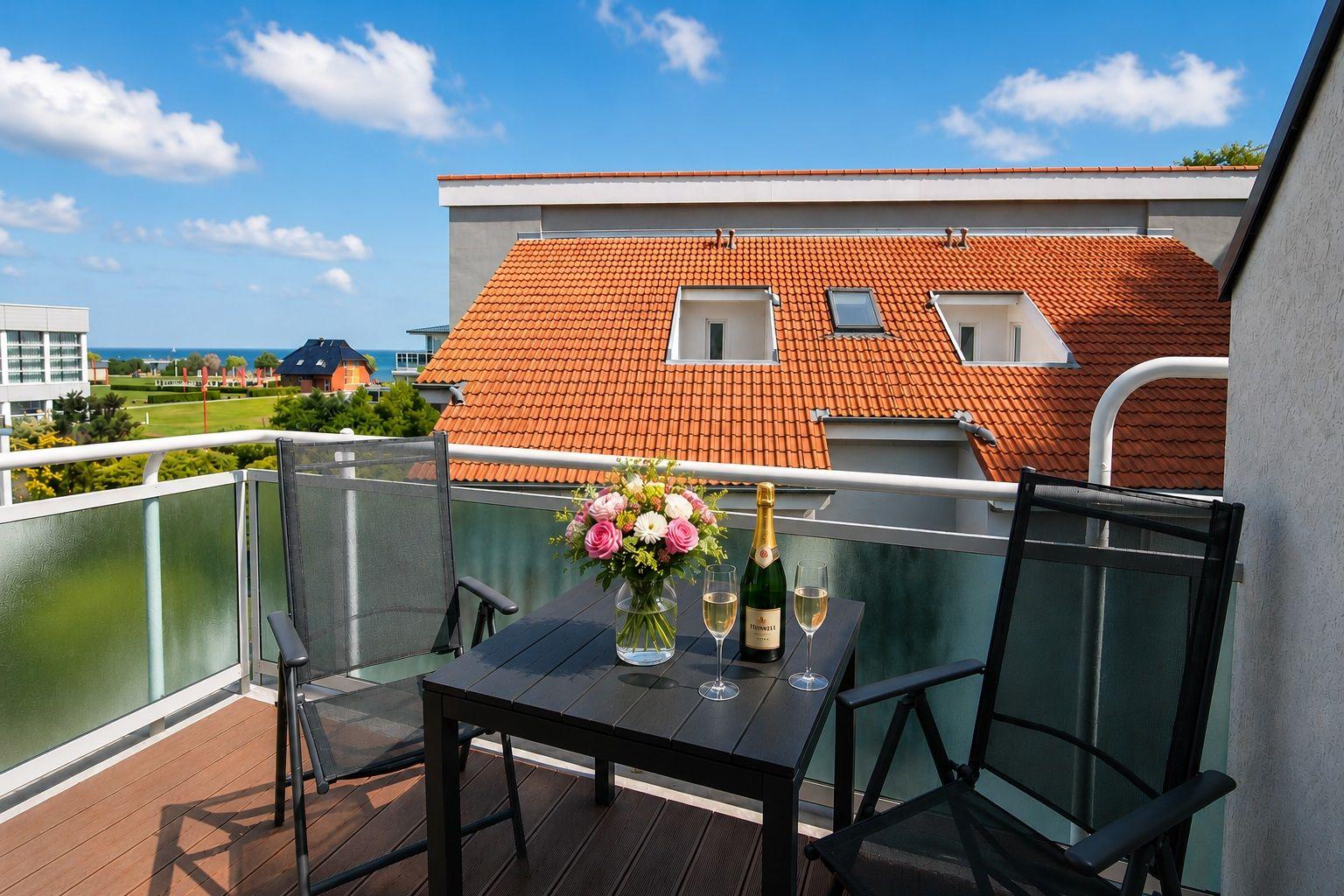 Terrasse mit Tisch, zwei Stühlen, Blumen und Champagner. Blick auf Dach und Meer.
