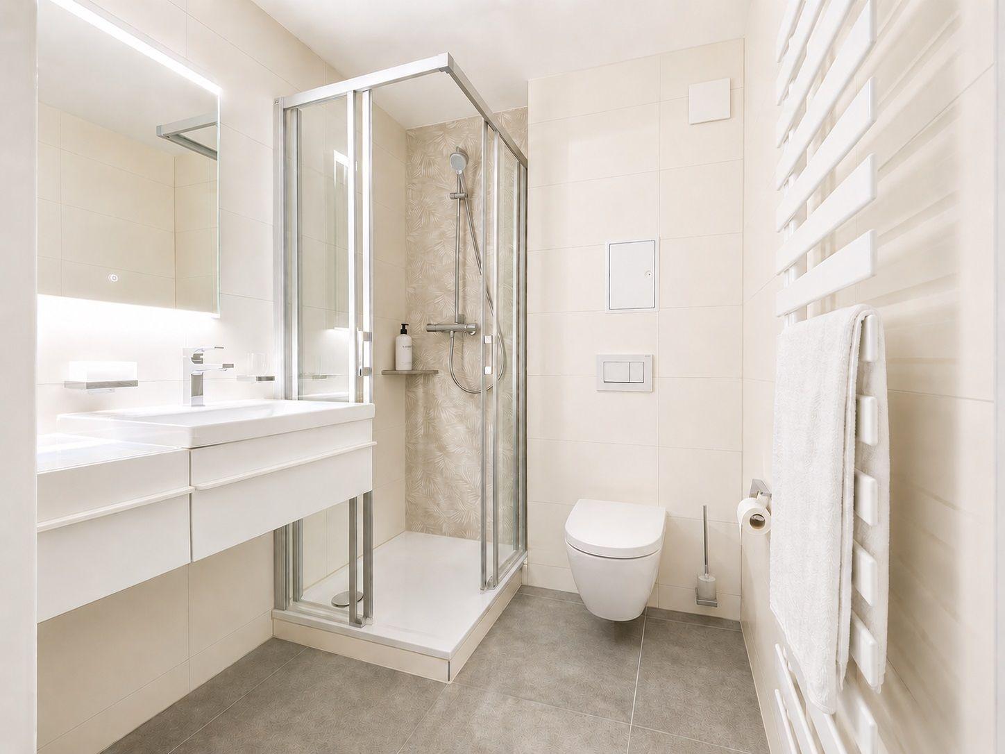 Moderne Dusche mit Glaswand, Waschbecken und Toilette in weißer Farbgebung.