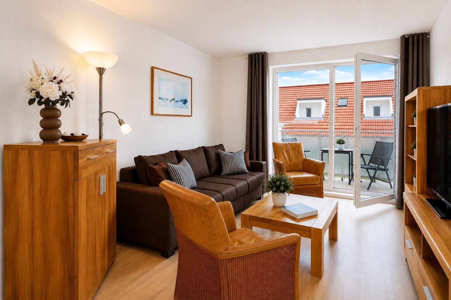 Wohnzimmer mit braunem Sofa, Holzmöbeln und Terrasse mit Blick auf Dächer.