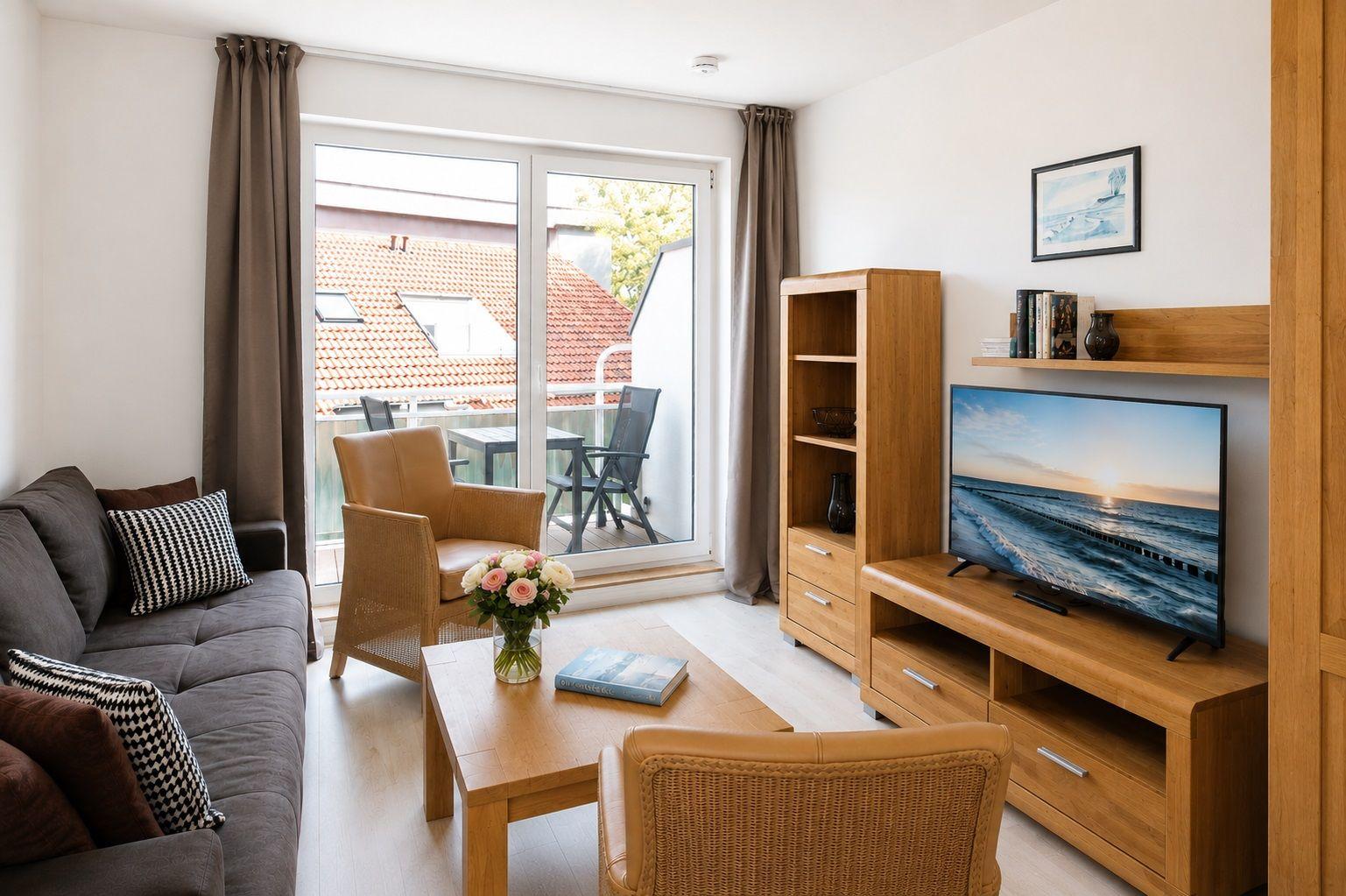 Wohnzimmer mit Sofa, Fernseher und Balkon mit Tisch und Stühlen.