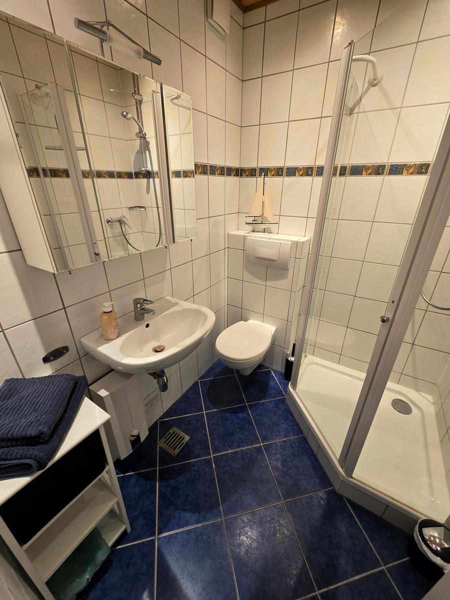 Helles Badezimmer mit Dusche und funktionaler Ausstattung für angenehmen Komfort im Ostseeurlaub.