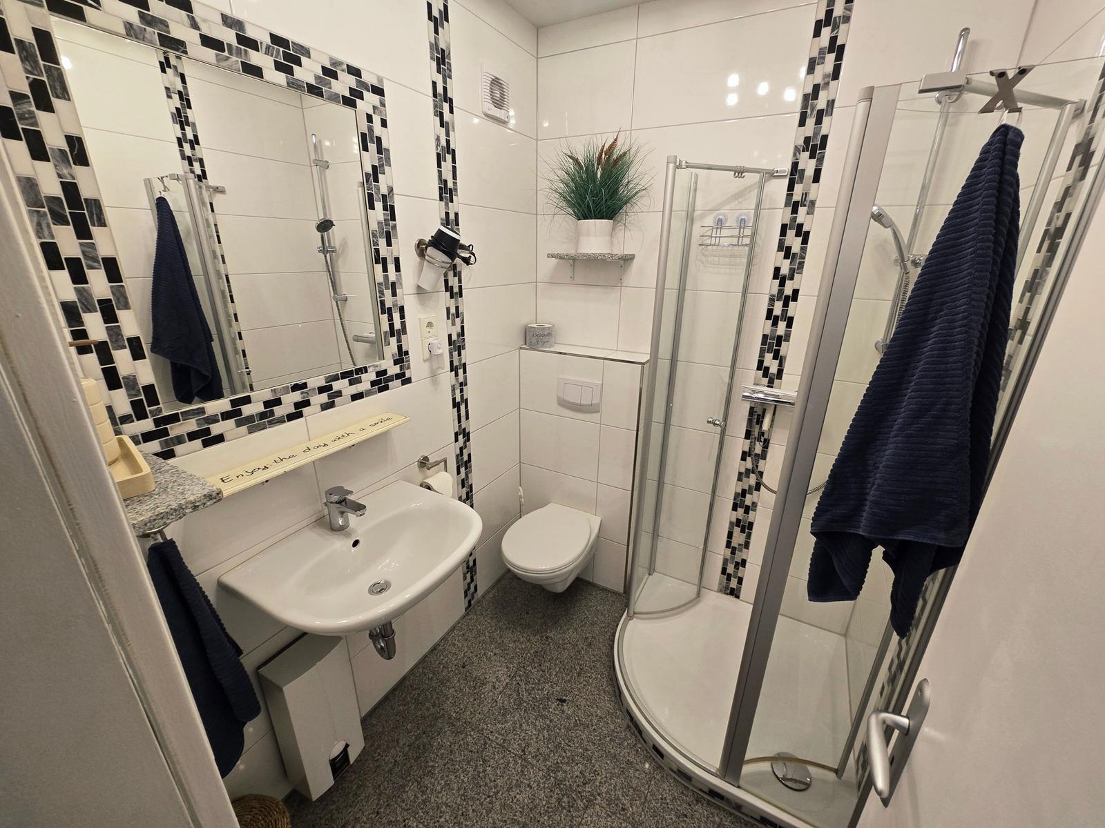 Gepflegtes Badezimmer mit Dusche und stilvoller Ausstattung für angenehmen Komfort im Ostseeurlaub.