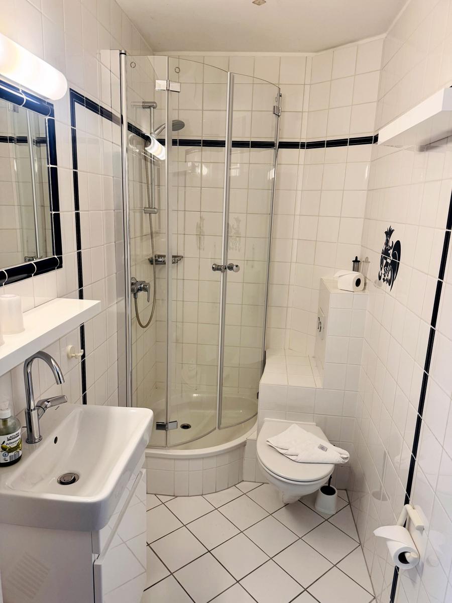 Badezimmer mit Dusche, Toilette und Waschbecken. Fliesen und Spiegel sichtbar.