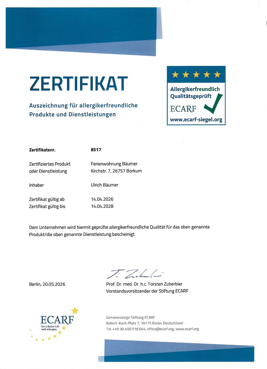 Zertifikat für allergikerfreundliche Ferienwohnung in Borkum