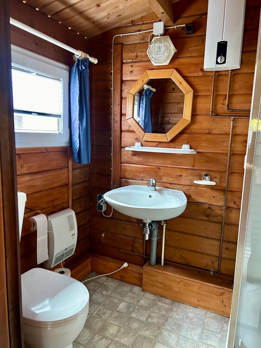 Badezimmer mit Holzwand, Waschbecken, Toilette und Duschbereich.