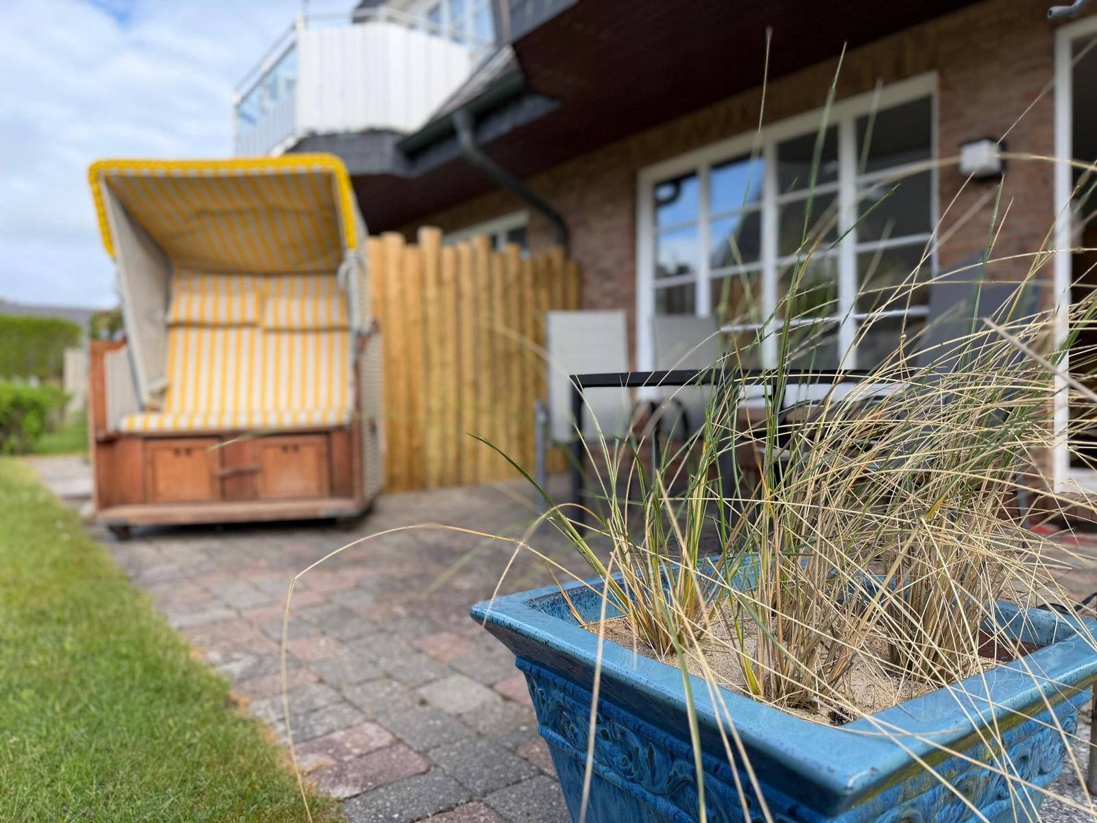 Terrasse mit Strandkorb und Pflanze im Vordergrund.