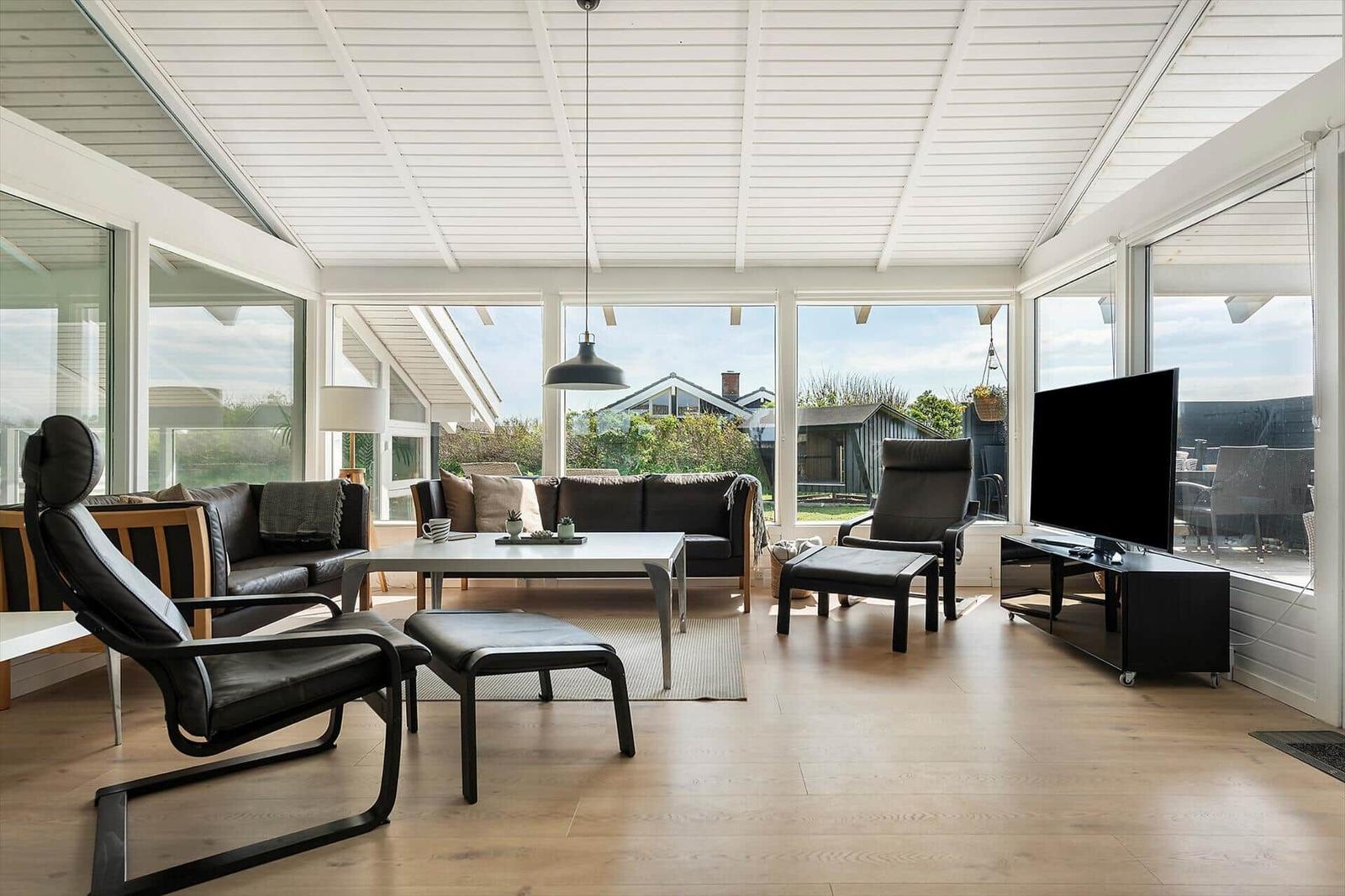 Living room with seating, TV, and large window view