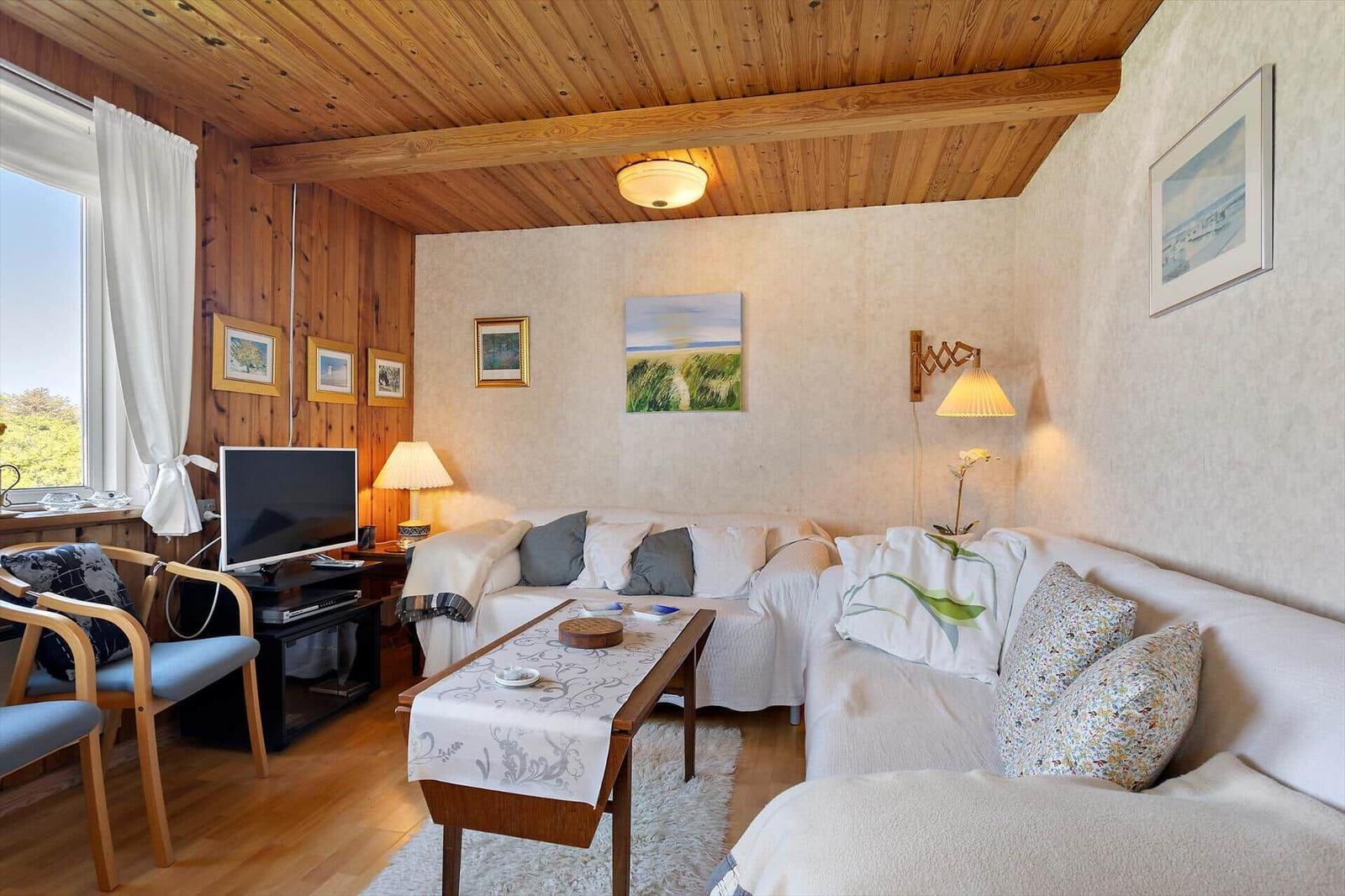Living room with sofa, table, TV, and wooden ceiling.