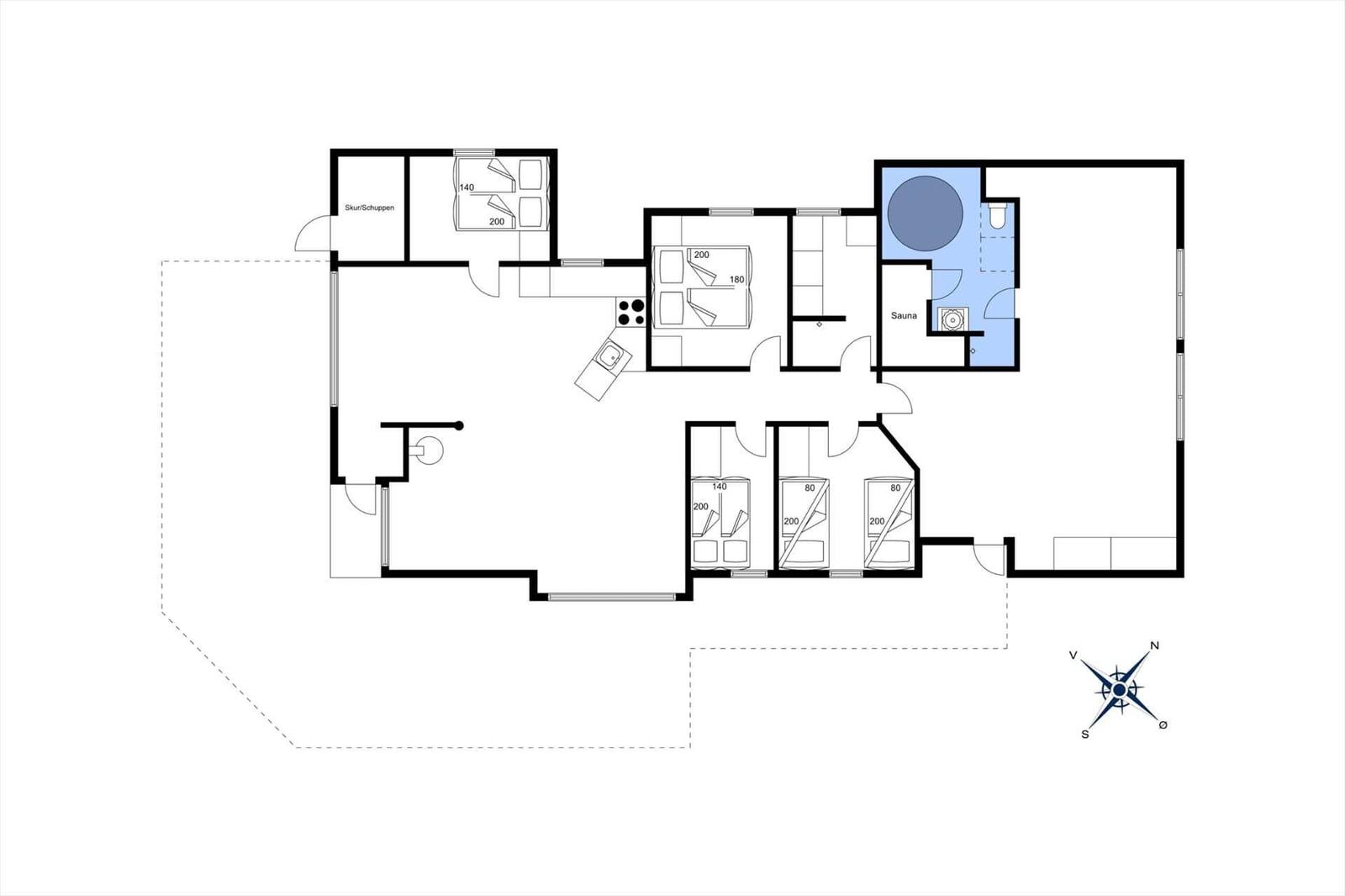 This house has three bedrooms, a kitchen, a sauna, and a ski/storage shed.