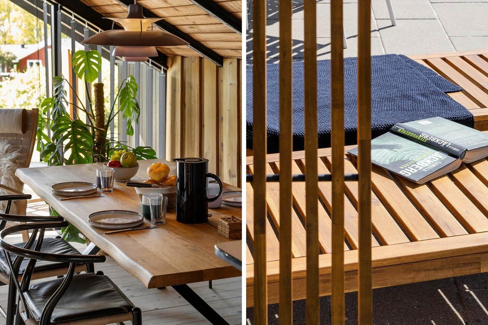Wooden table with chairs, plants, and fruit. Outdoor table with blanket and book.
