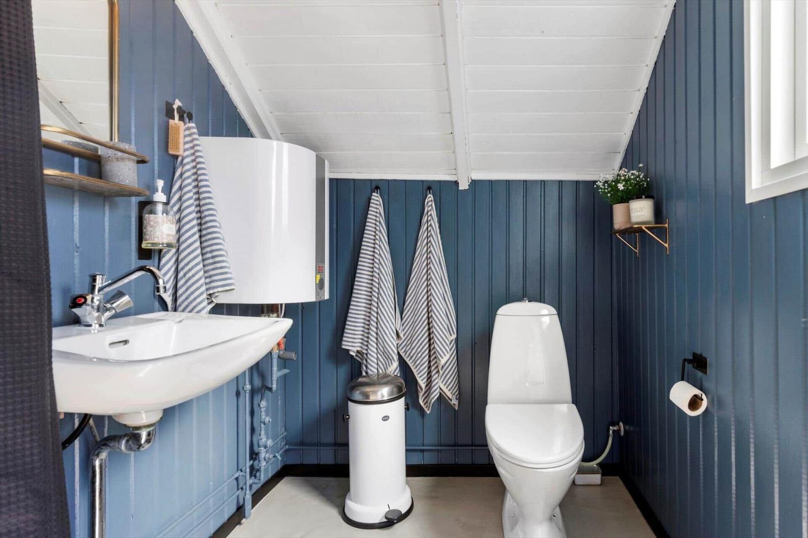 Bathroom with blue walls, toilet, sink, and mirror