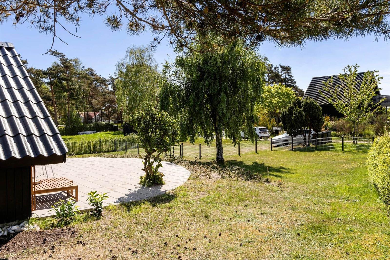 Lawn area with wooden bench, trees, and blue sky.
