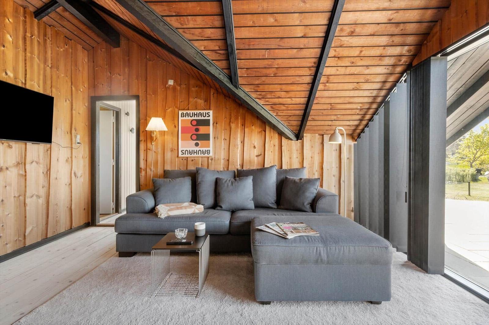 Living room with gray sofa, wooden walls, and sloped ceiling