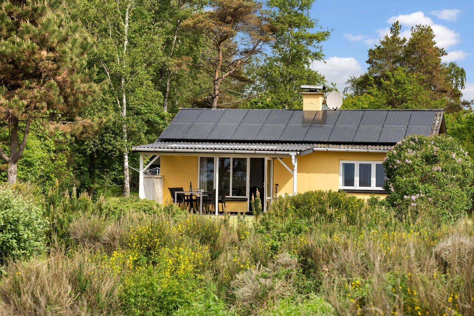 Ein gelbes Haus mit Solarpaneelen auf dem Dach, umgeben von Bäumen und einem Garten.