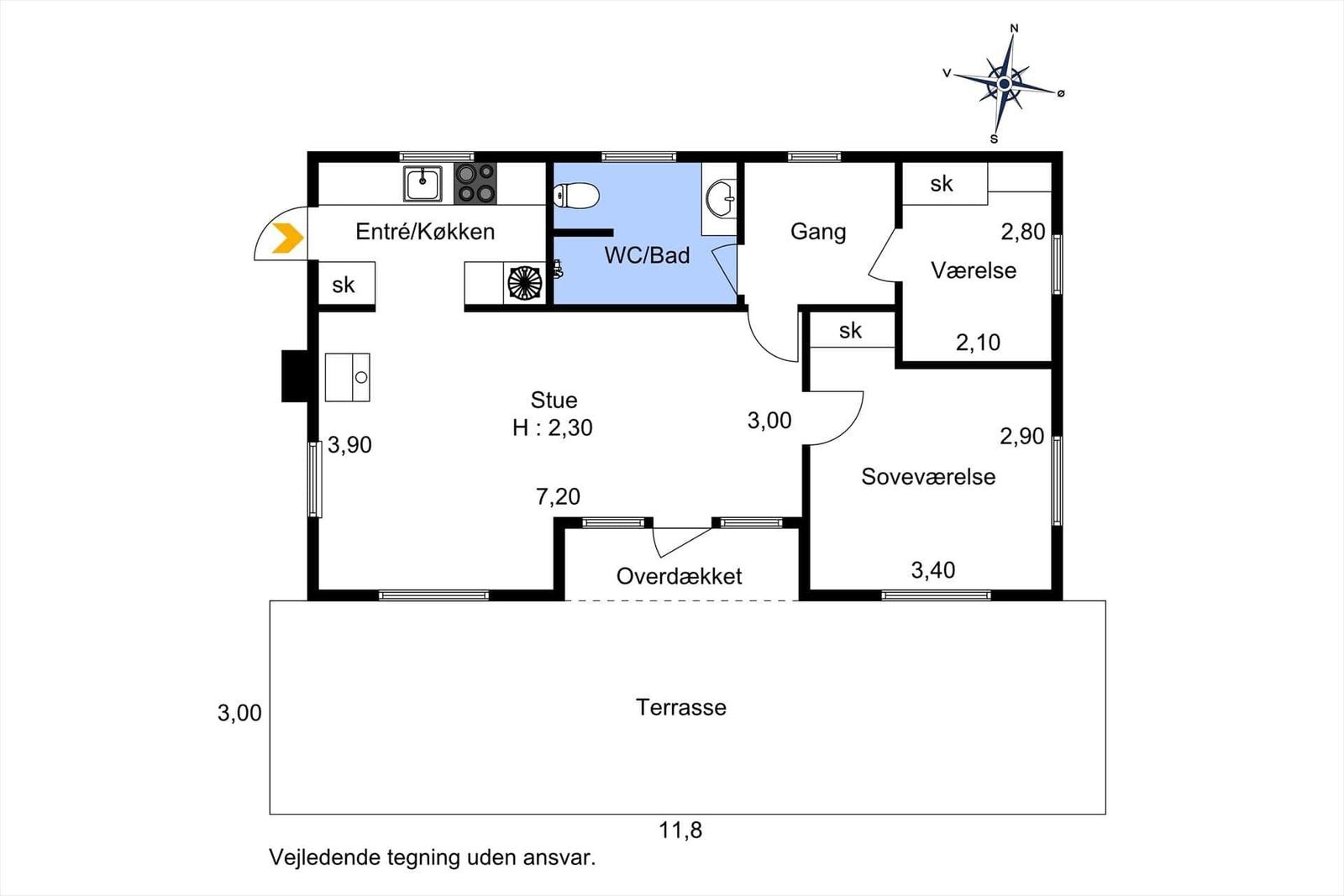 Die Wohnung hat eine Küche, Bad, Wohn- und Schlafzimmer sowie eine Terrasse.