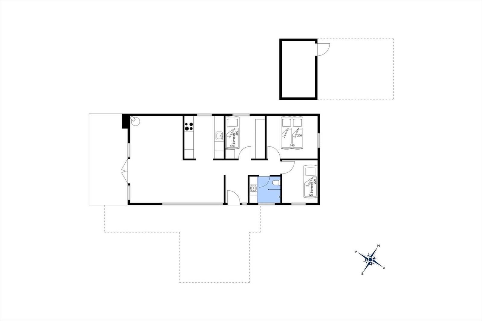 Apartment with kitchen, bathroom, three bedrooms, and separate entrance.