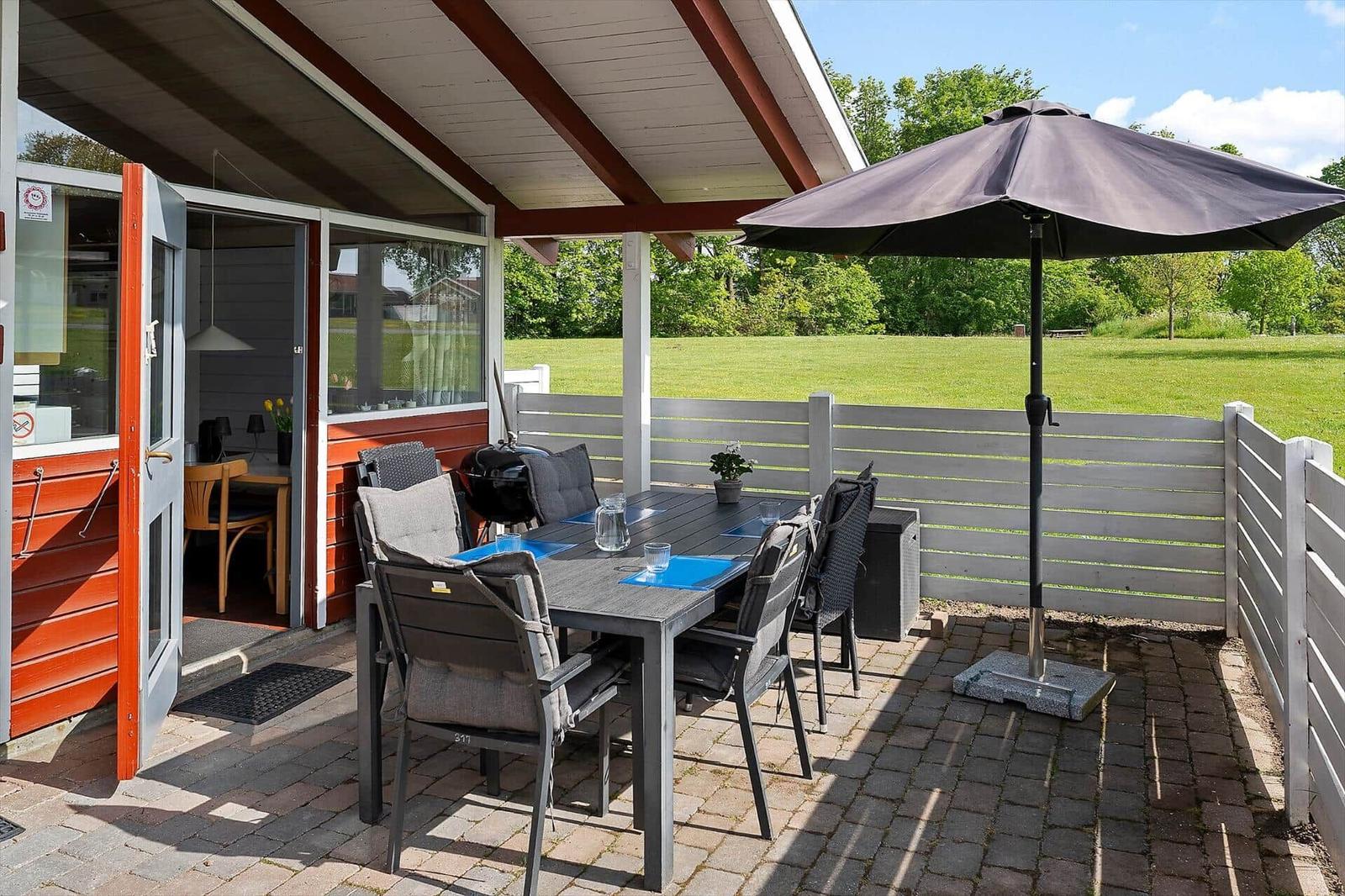 Patio with table, chairs, and umbrella. Background: green field and wooden fence.