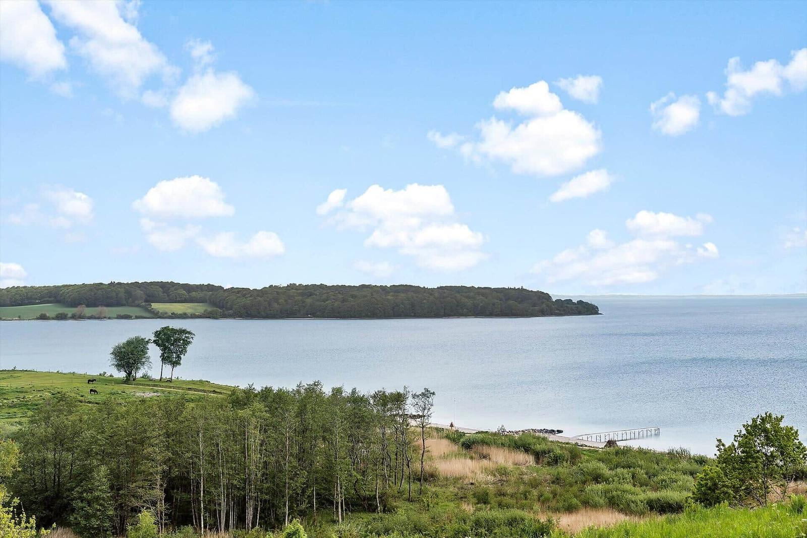 View of a lake with an island, forest, and sky with white clouds.