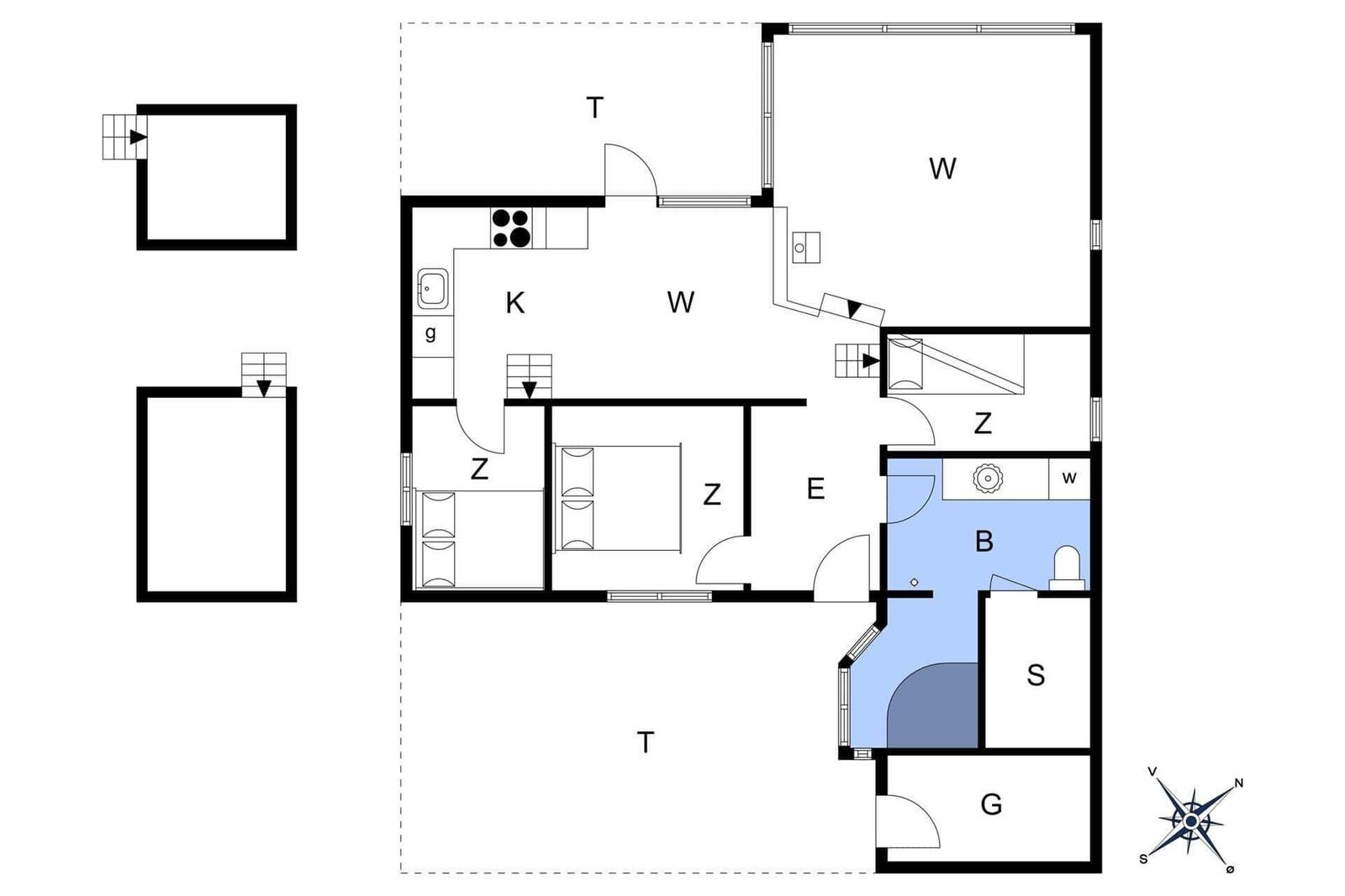 Wohnung mit Küche, Schlafzimmer und Bad. Flur und Terrasse angezeigt.